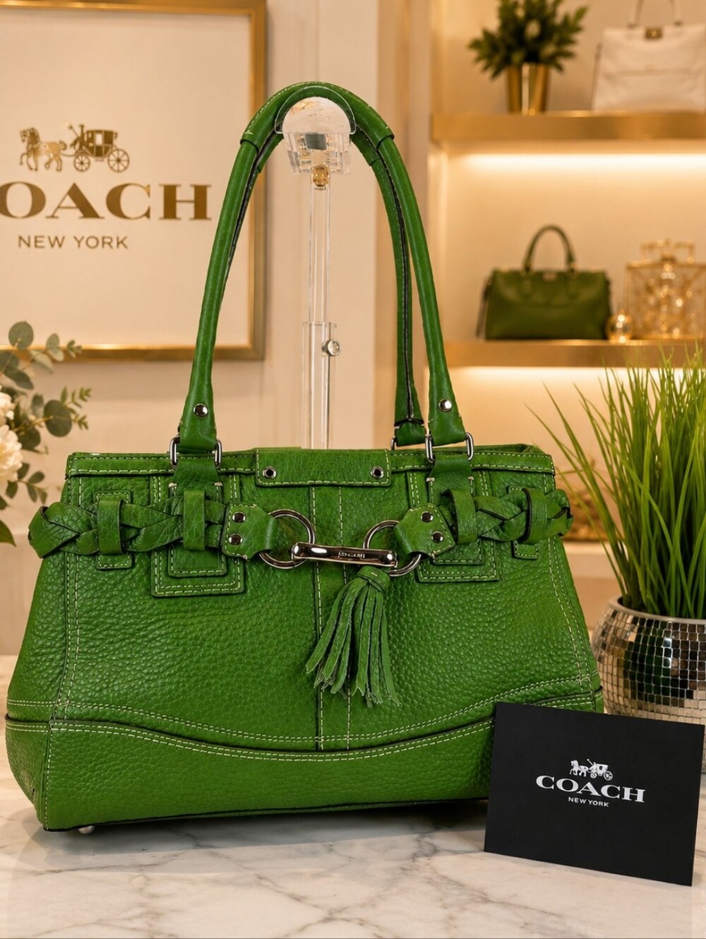 Coach Hampton Green Pebbled Leather Tote Shoulder Satchel Bag